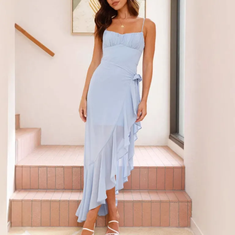 European And American Sexy Women's Sling Backless Ruffles Irregular Dress - Blue