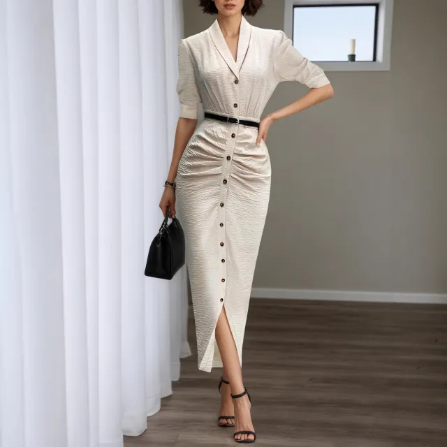 Fashionable Short Sleeve Belted Pleated Shirt Dress Beige - Shop at LoveMi