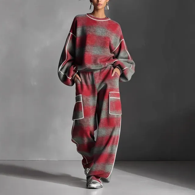Women's Independent Brand Street Style Distressed Plaid Pantsuit With Contrasting Piping Red And Gray - Shop at LoveMi