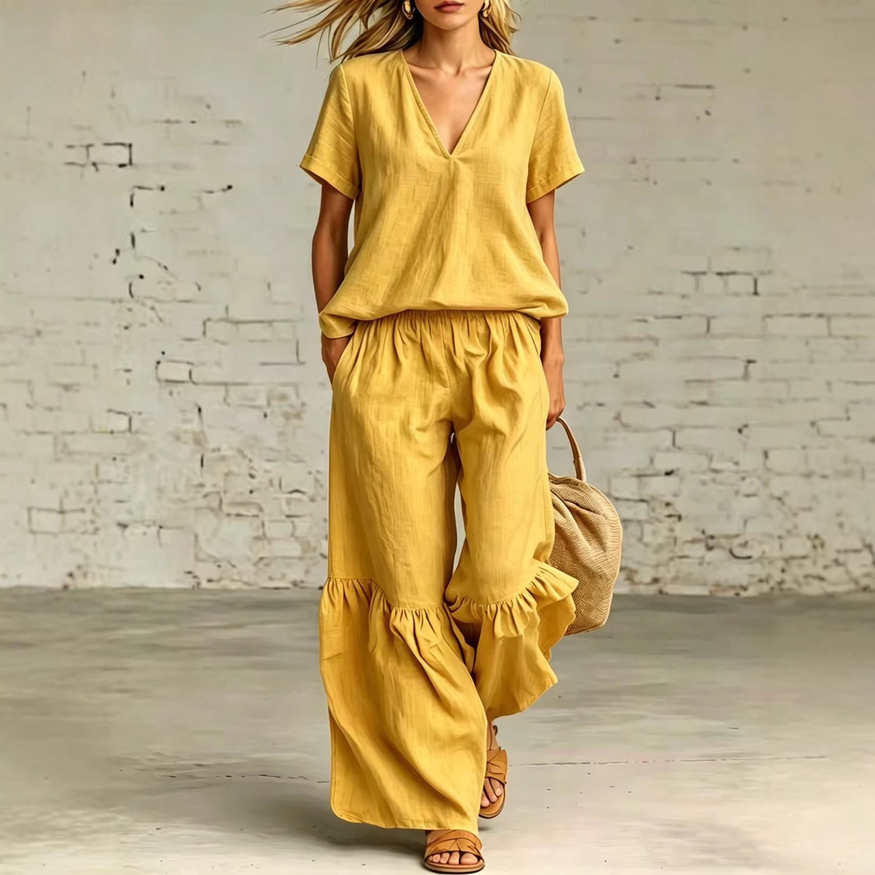Womens Casual Solid Color V-Neck Loose Short-Sleeve Pants Set - Image 1