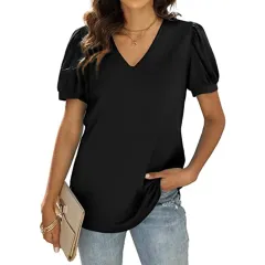 European And American Summer Casual V-neck Solid Colour Puff Sleeve Loose T-shirt For Women - Black - View 1
