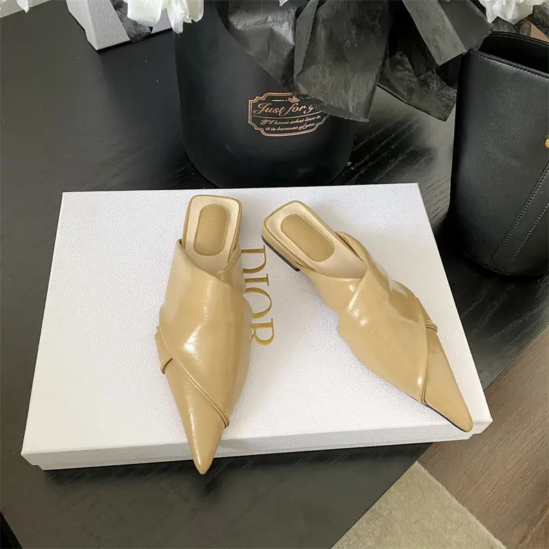 Fashion Korean Style Pointed-toe Flat Heel Casual Cross Back Empty Slippers Toe Cap