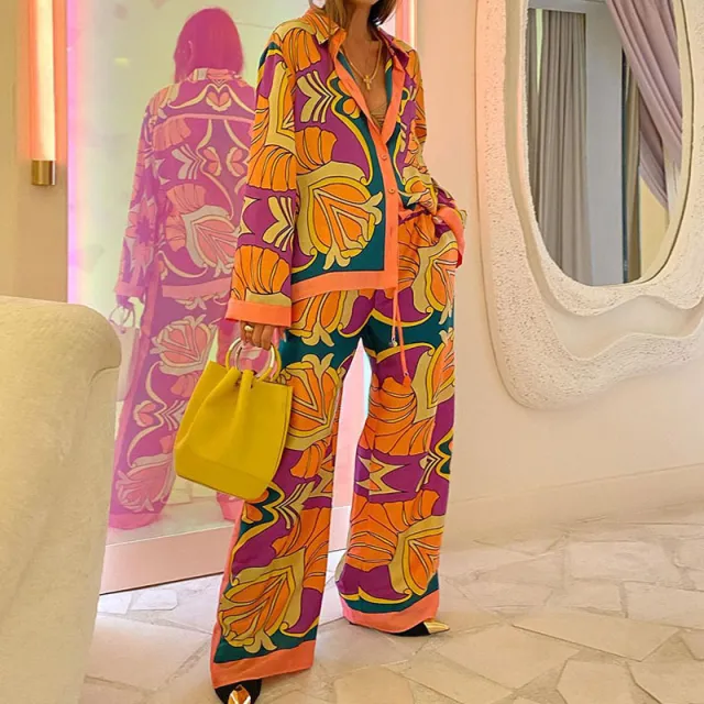 Plus Size Printed Long Sleeve Shirt Ethnic style Trousers Suit Yellow - Shop at LoveMi