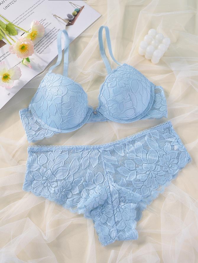 French Casual Steel Ring Lace Bra Panties Set Casual Push Up Fixed Cup Without Deformation
