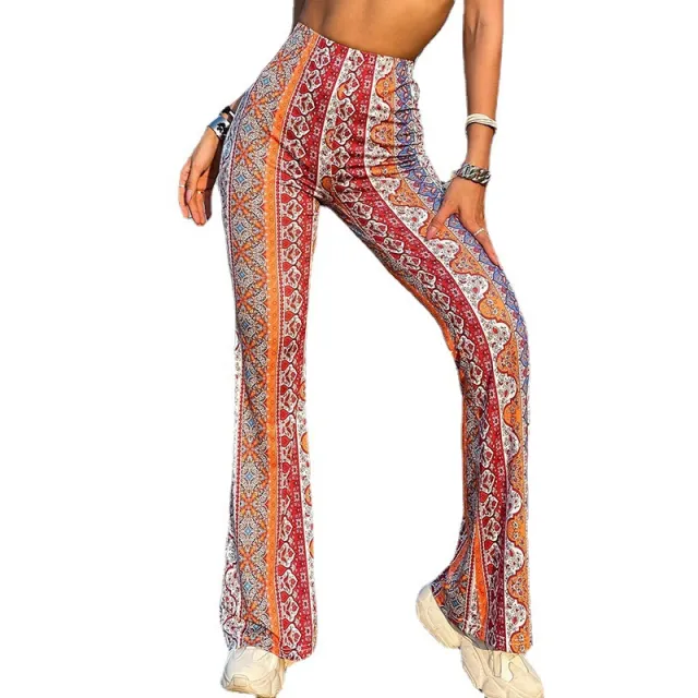 Meilaoshi New Bohemian Style Bell bottom Pants Women's Ethnic Style Fashion Casual Stretch Color - Shop at LoveMi
