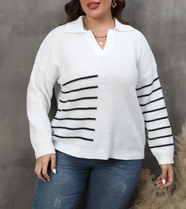 Pullover Plus Size Women's Color Contrast Patchwork Striped Polo Collar Sweater White - Shop at LoveMi