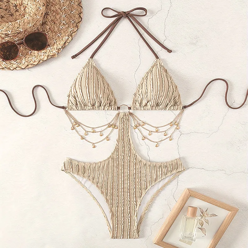 New Lace-up Sexy Cutout Bikini One-piece Swimsuit - Khaki