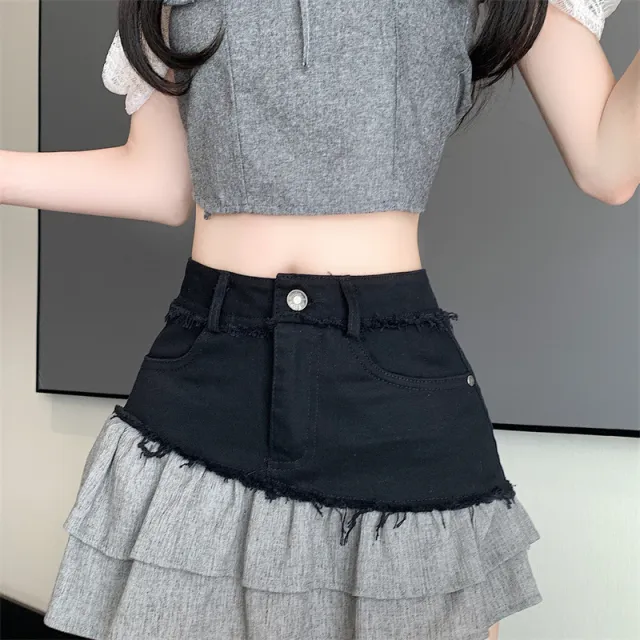 Ruffled All match High Waist Denim Skirt Black - Shop at LoveMi