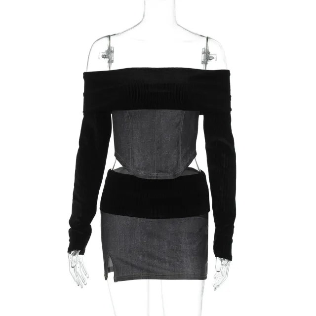 One piece Top And Figure hugging, Slit Mini Skirt Set Black - Shop at LoveMi