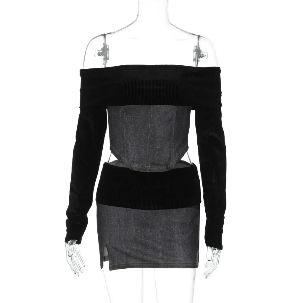 One-piece Top And Figure-hugging, Slit Mini Skirt Set - Black
