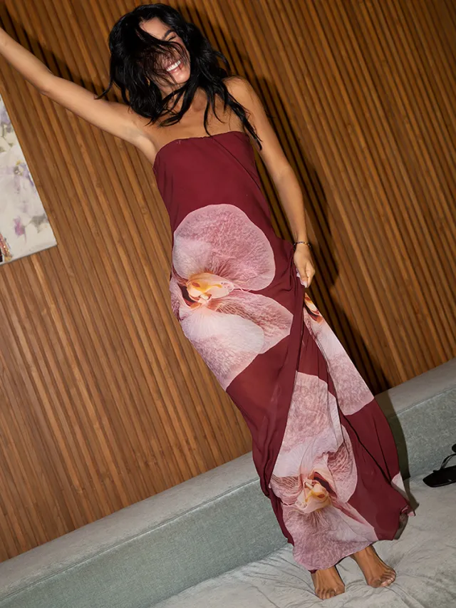 European And American Flower Chiffon Tube Top Long Dress Wine Red - Shop at LoveMi