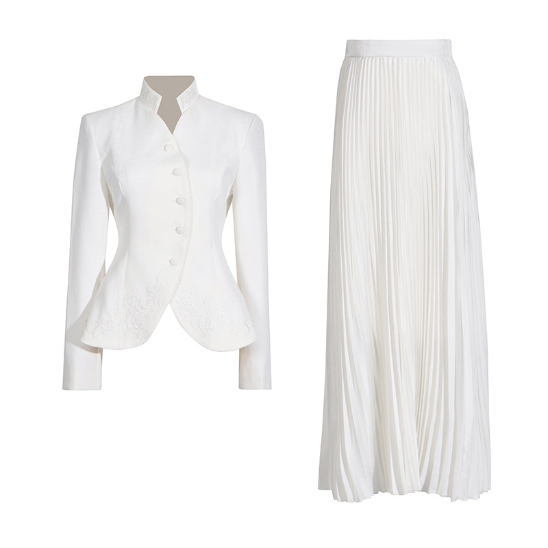 Three-dimensional Embroidery Design Coat High Waist Pleated Skirt Two-piece Set