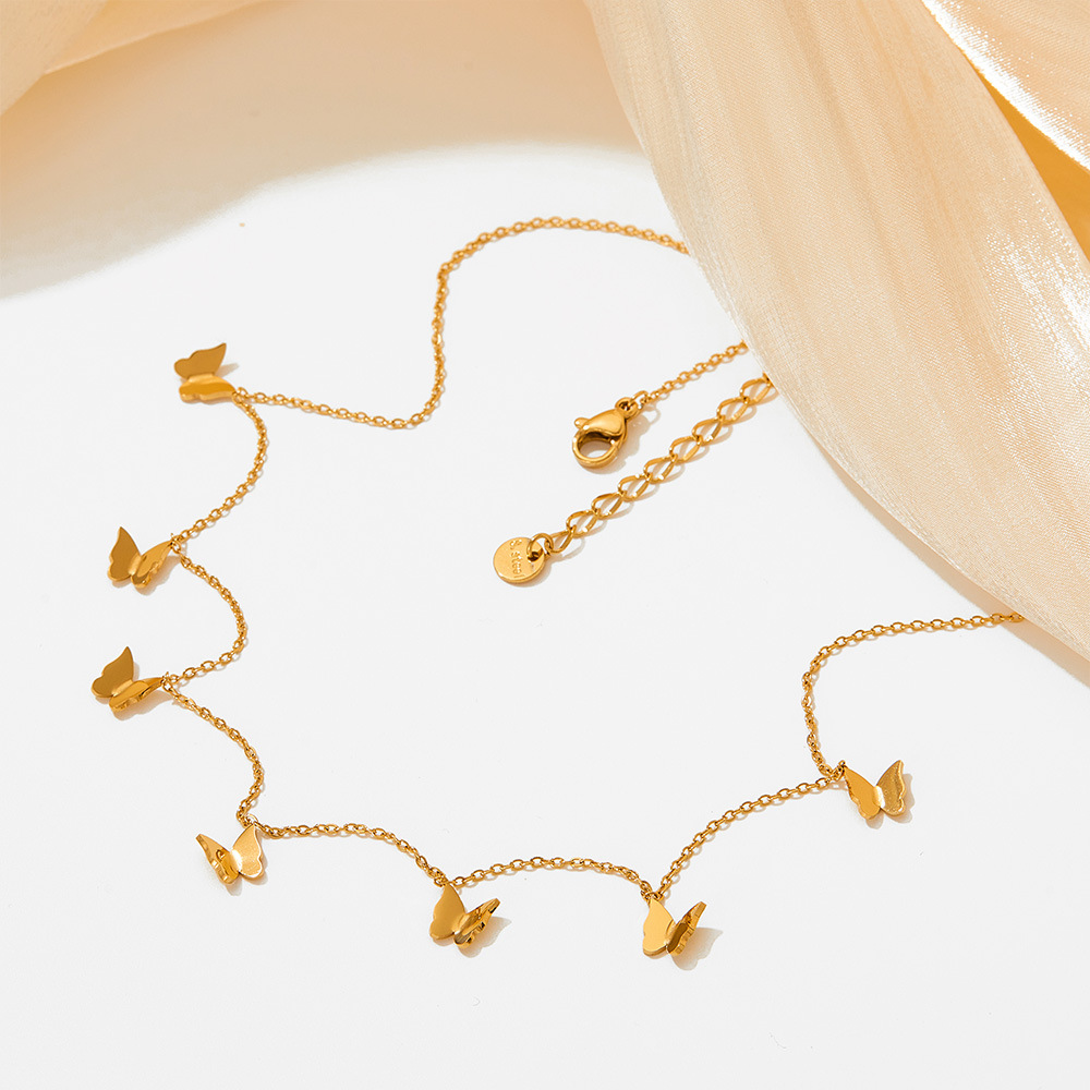 Women's Multiple Mini Small Butterfly Color Retaining Tassel Stainless Steel Necklace