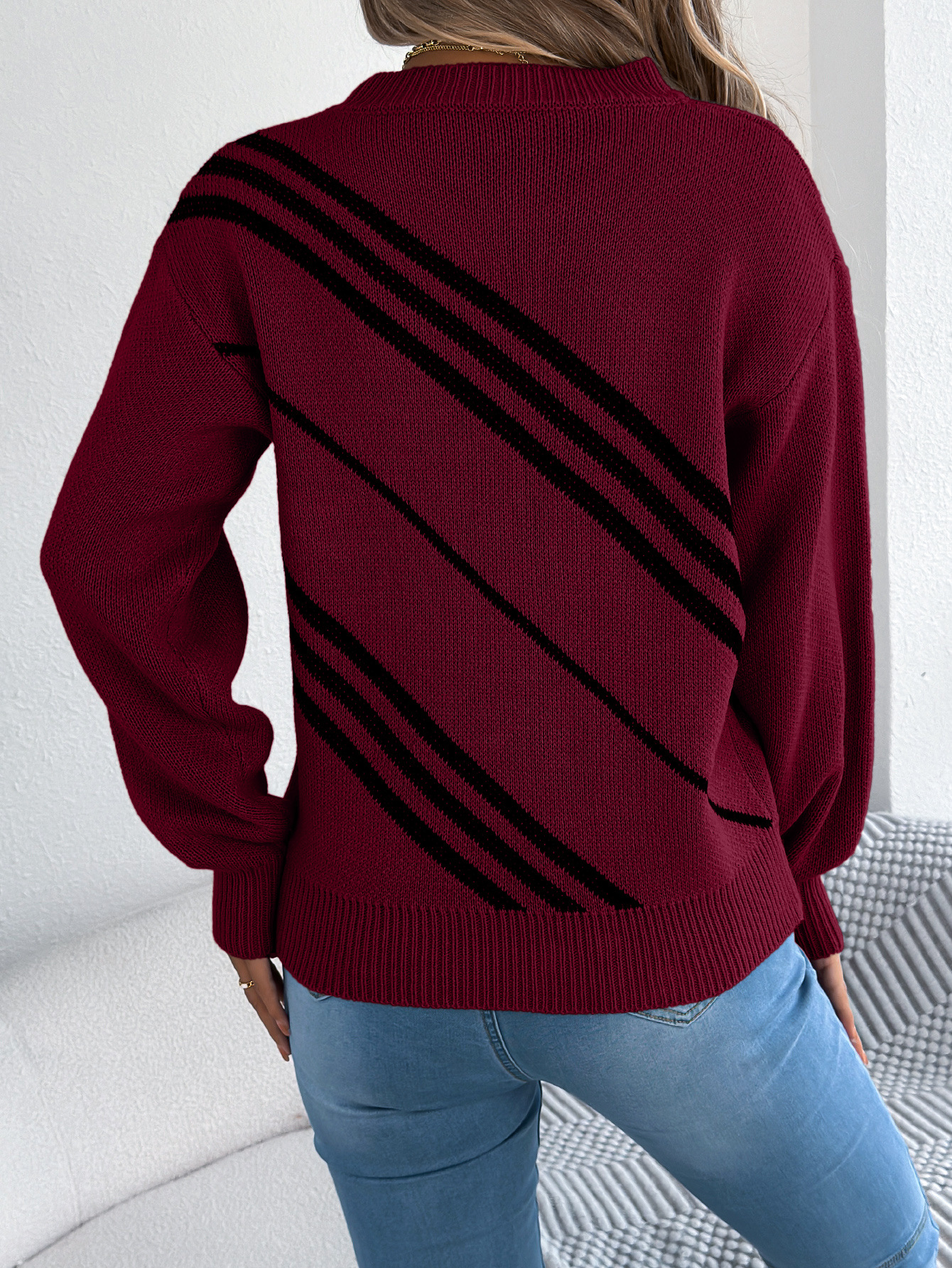 Women's Casual Striped Round Neck Lantern Long Sleeve Pullover Sweater