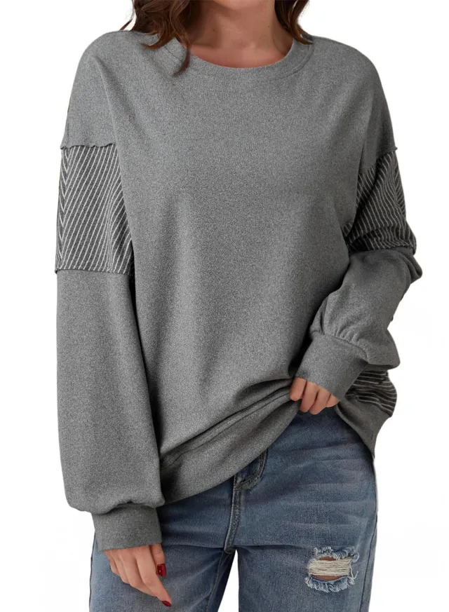 Striped Color blocked Round Neck Versatile Casual Long sleeved Sweatshirt Gray - Shop at LoveMi