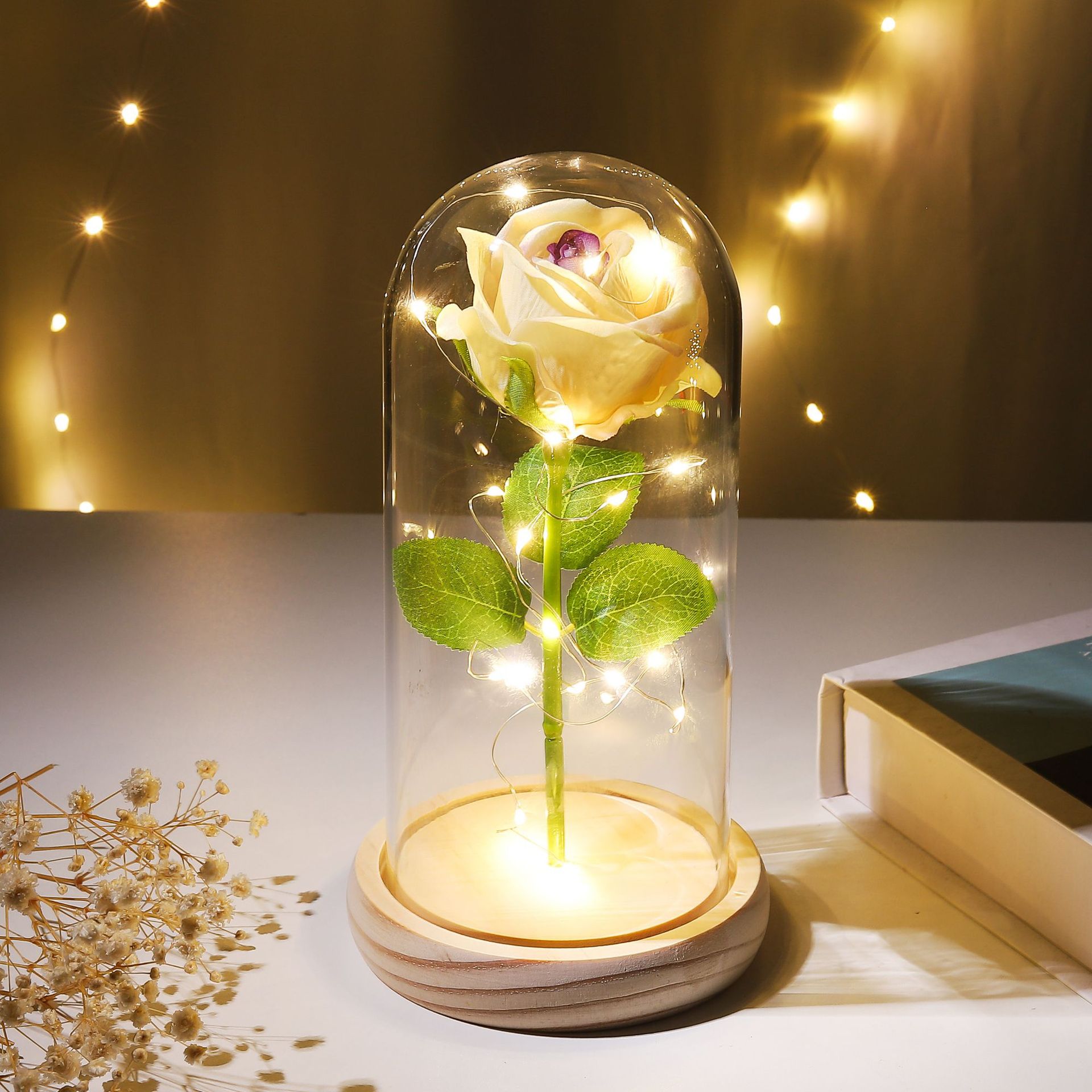 Preserved Flower Glass Dome Artificial Rose Night Light For Christmas