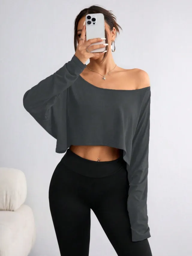 Fashion Off shoulder Loose Bottoming Top T shirt Ice Feeling Dark Gray - Shop at LoveMi