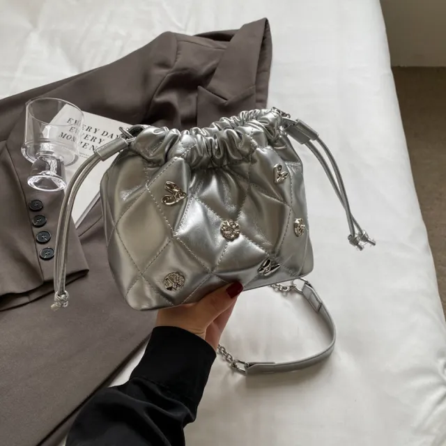 Chain Kafuu Diamond Fashion Shoulder Crossbody Mini Bucket Bag Silver - Shop at LoveMi