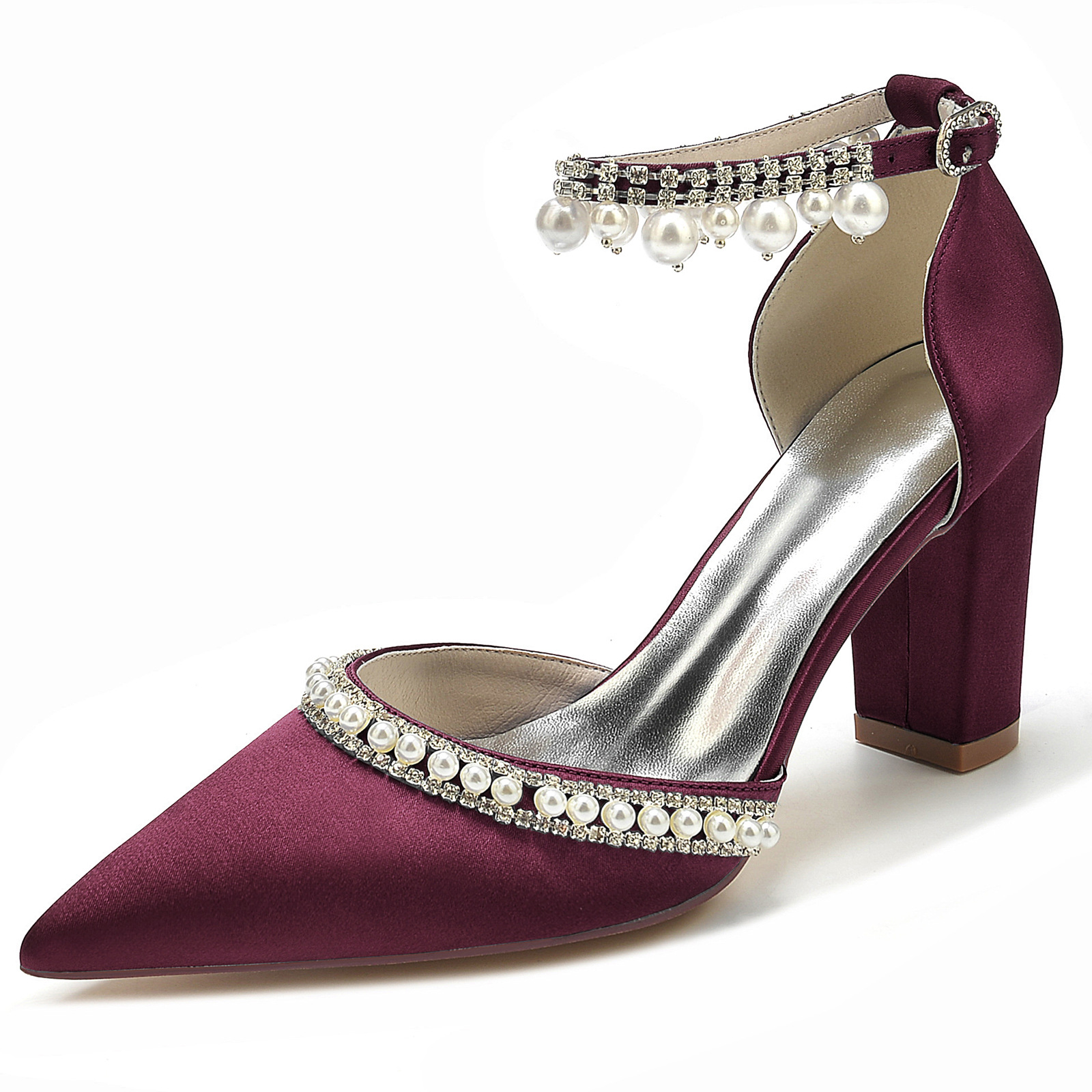 Title 10, Satijnen pumps met spitse neus, blokhak, strass...