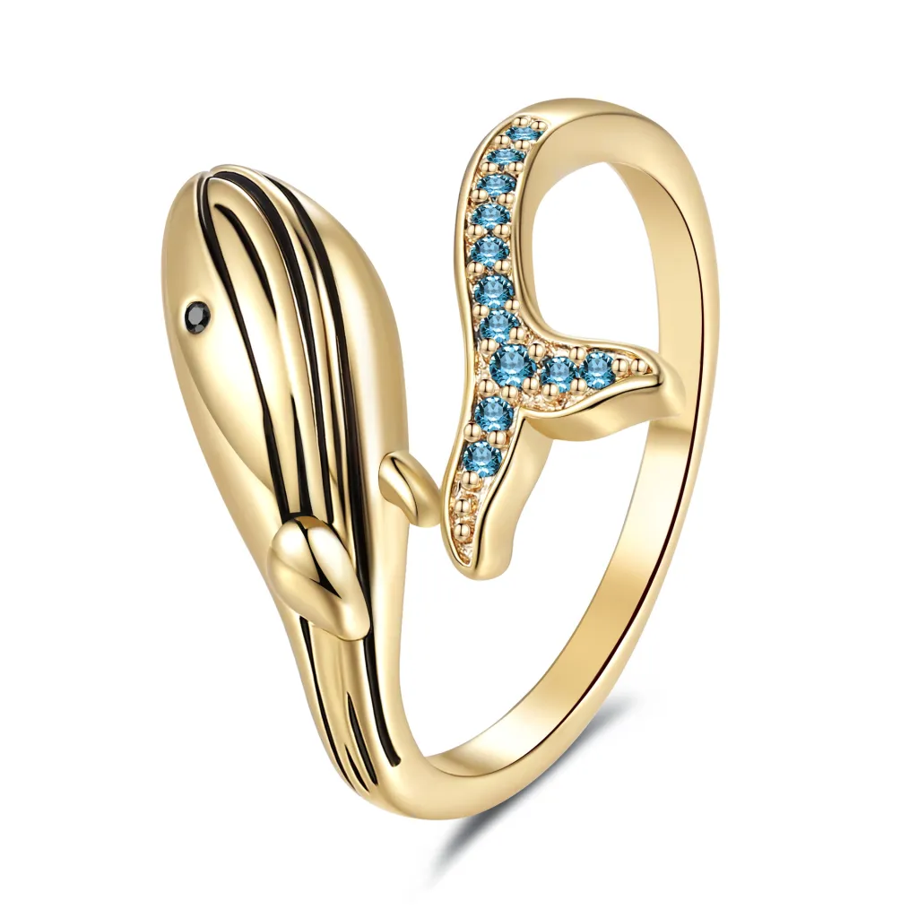 Personality Small Whale Inlaid Zirconium Adjustable Open Ring - Yellow Gold