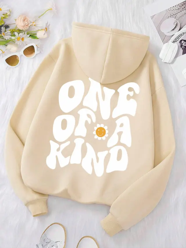 Chrysanthemum Smile Printed Hoodie Sweater Khaki - Shop at LoveMi