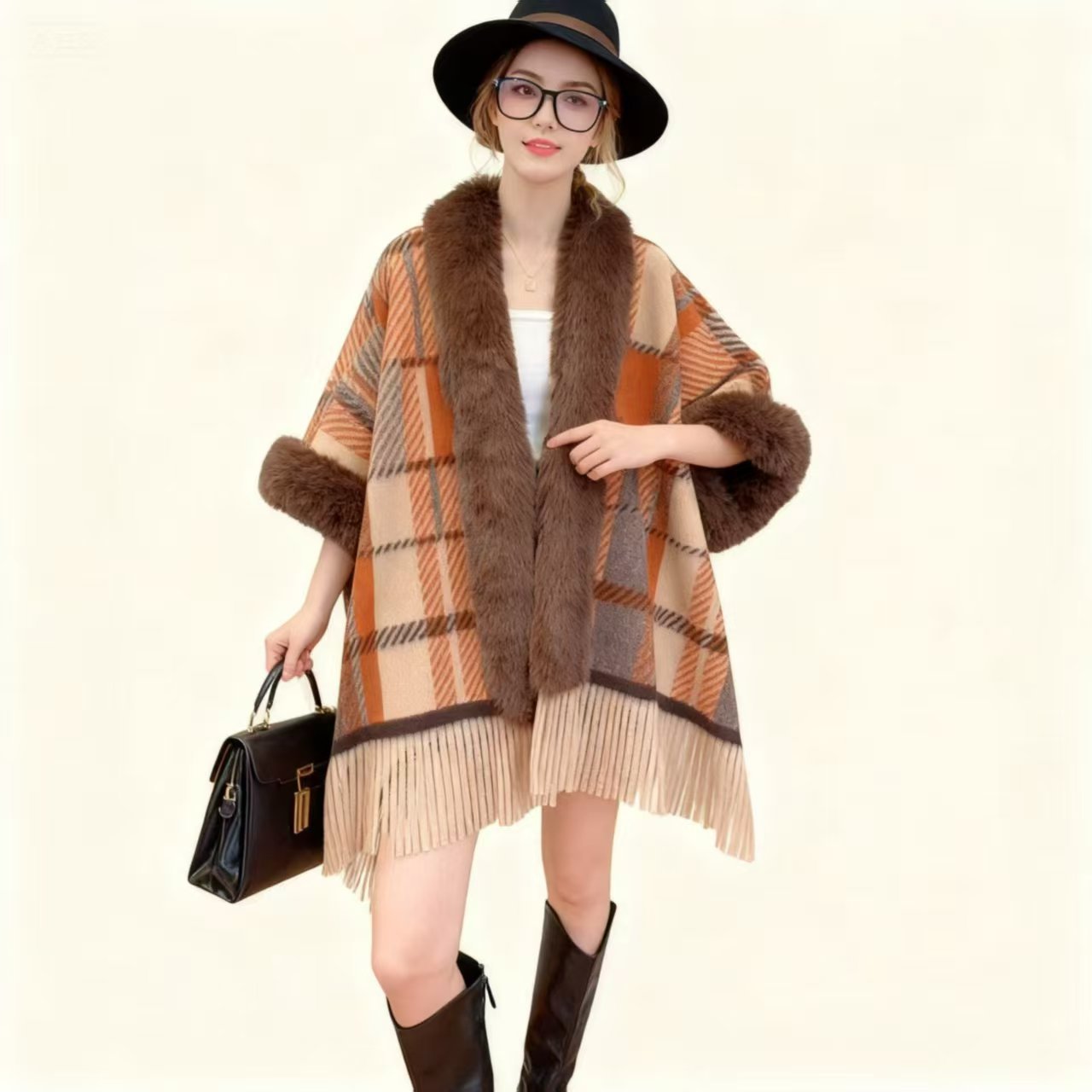 Women's Casual Plaid Tassel Cape Coat