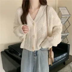 Women's Spring Loose Small Short Knitted Cardigan Coat Retro Sweater - Beige - View 1