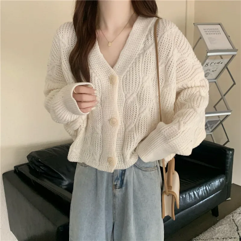Women's Spring Loose Small Short Knitted Cardigan Coat Retro Sweater - Beige