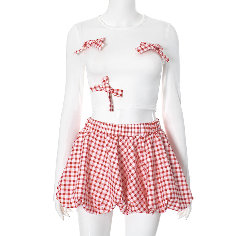 Cute Bow Decorative Top Plaid Suit White - Shop at LoveMi