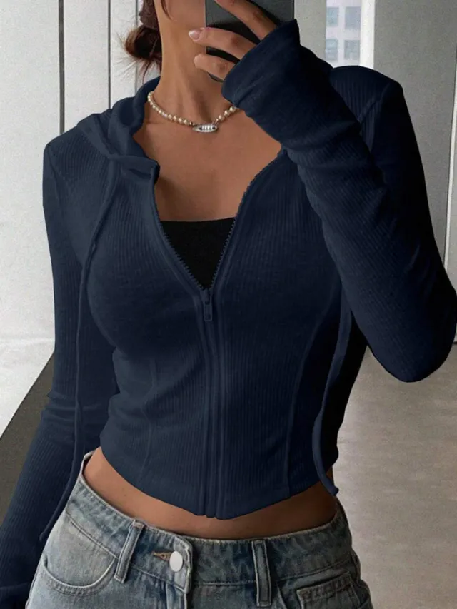 Top Slim Fit Sports Hoodie Short Zipper Hooded Sweatshirt Dark Blue - Shop at LoveMi
