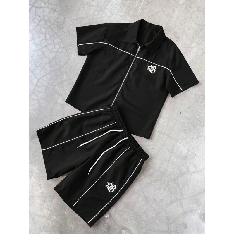Striped Zip-front Short-sleeve Shirt And Shorts Set LS Zipper Shirt Outfit 11 S