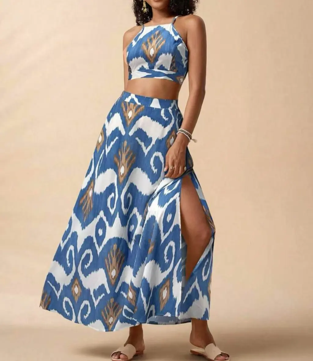 Holiday Floral Print Elegant Two-piece Set Overall Dress Set - Blue