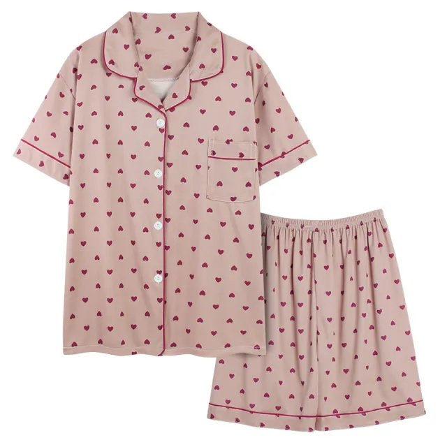 Pajamas Women's Suit Short Sleeve Shorts Brown Red Heart - Shop at LoveMi