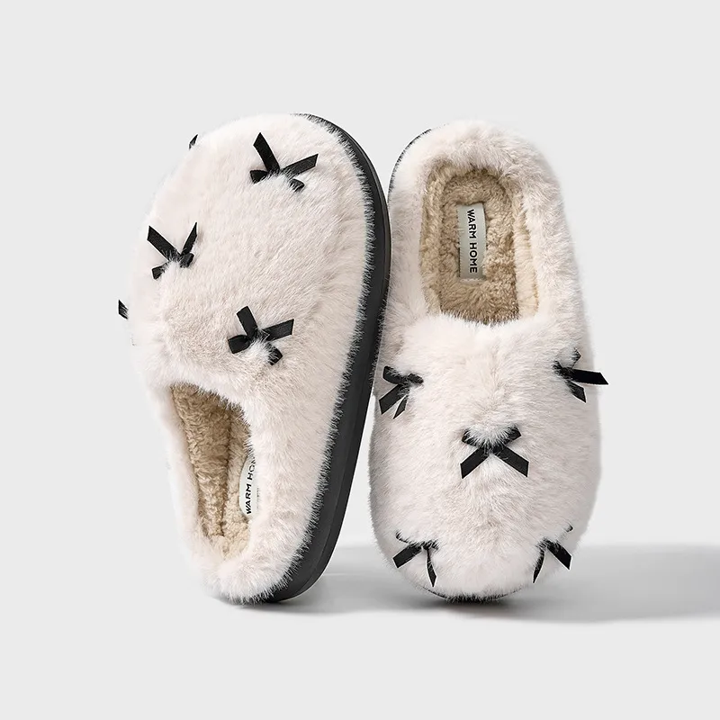Women's Cute Plush Home Slippers Butterfly Knot Cotton Slippers Comfortable Thick Bottom Outdoor Slippers Winter Indoor Soft Warm Slippers - White