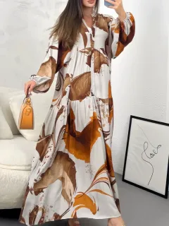 Loose Casual Long Sleeves Temperament V-neck Dress - Brown - View 1
