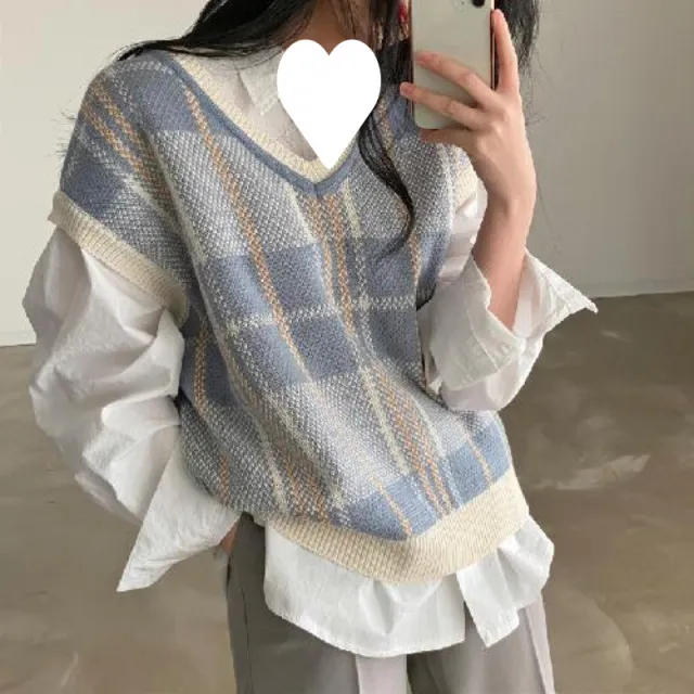 Autumn And Winter Plus Size Plaid Knitted Vest Sweater Blue - Shop at LoveMi