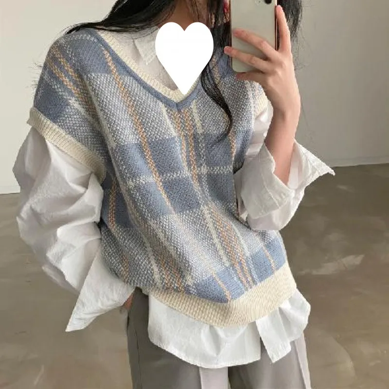 Autumn And Winter Plus Size Plaid Knitted Vest Sweater - Blue
