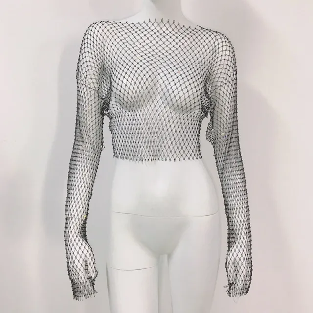 Women's Mesh Rhinestone Fishnet Top Fishnet Black - Shop at LoveMi