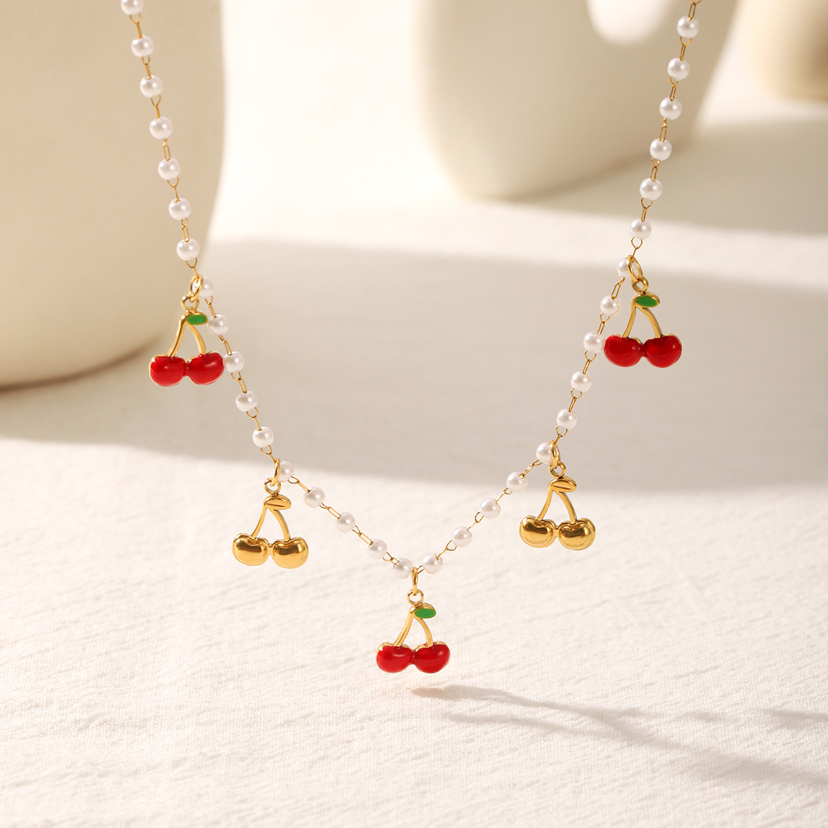 Stainless Steel Cherry Pearl Necklace, picture 2 of 4