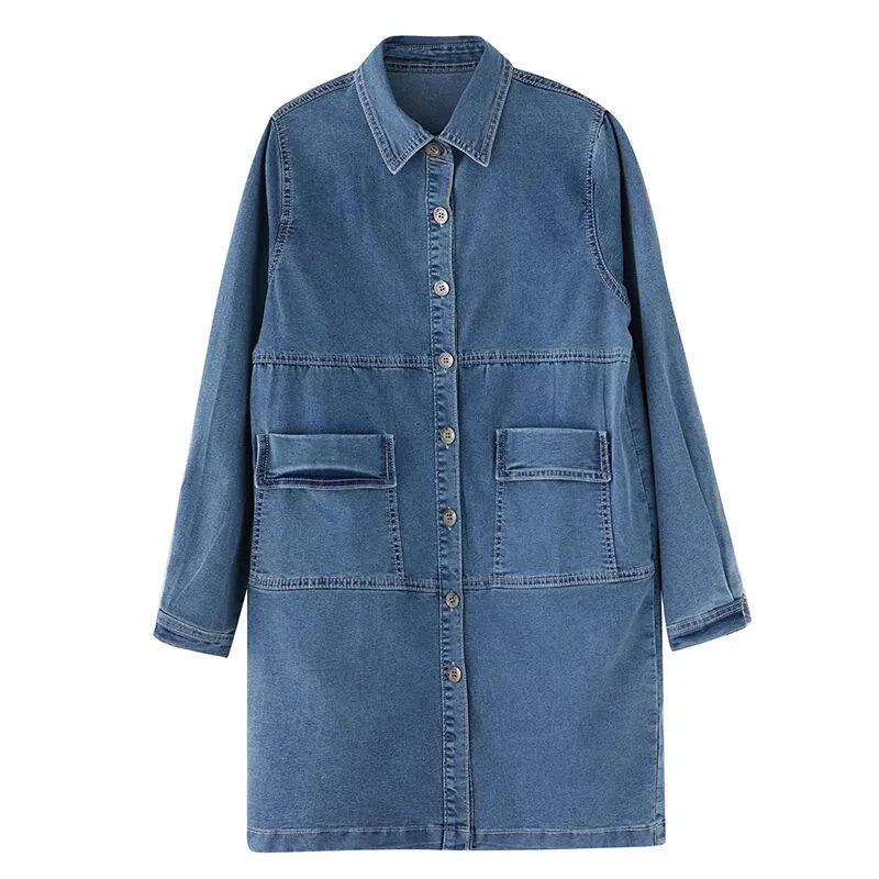 Fashionable Versatile Slimming Denim Shirt Dress Korean Style Elegant Style Vintage Single-breasted Coat - Blue