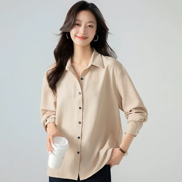 Texture Loose Long Sleeve Lazy Sense All matching Shirt Apricot - Shop at LoveMi