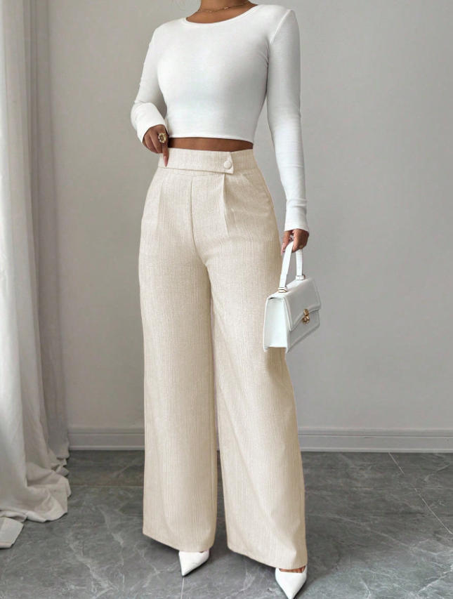 Women's High-Waist Straight-Leg Pants in Light Gray – solid color button detail casual