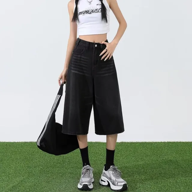 Women's American style Wide leg Cropped Jeans Summer Black And Gray - Shop at LoveMi