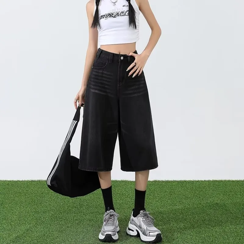 Women's American-style Wide-leg Cropped Jeans Summer - Gray