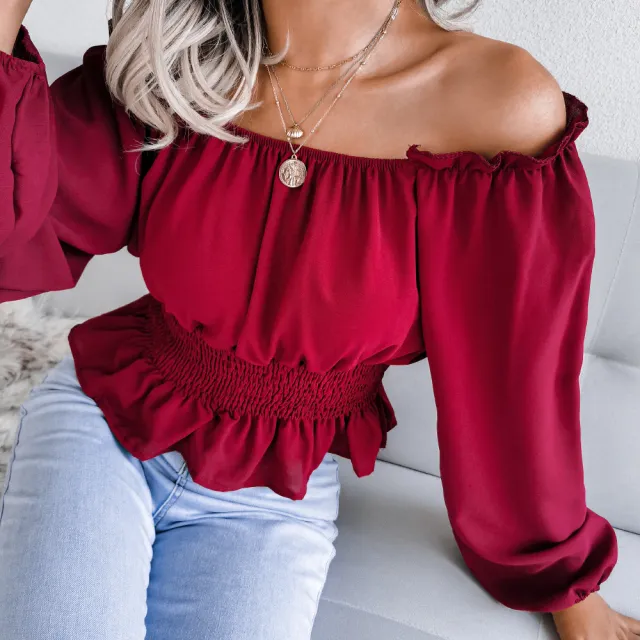 Female One Necked Off Shoulder Hem With Ruffled Edges Chiffon Sweater Wine - Shop at LoveMi