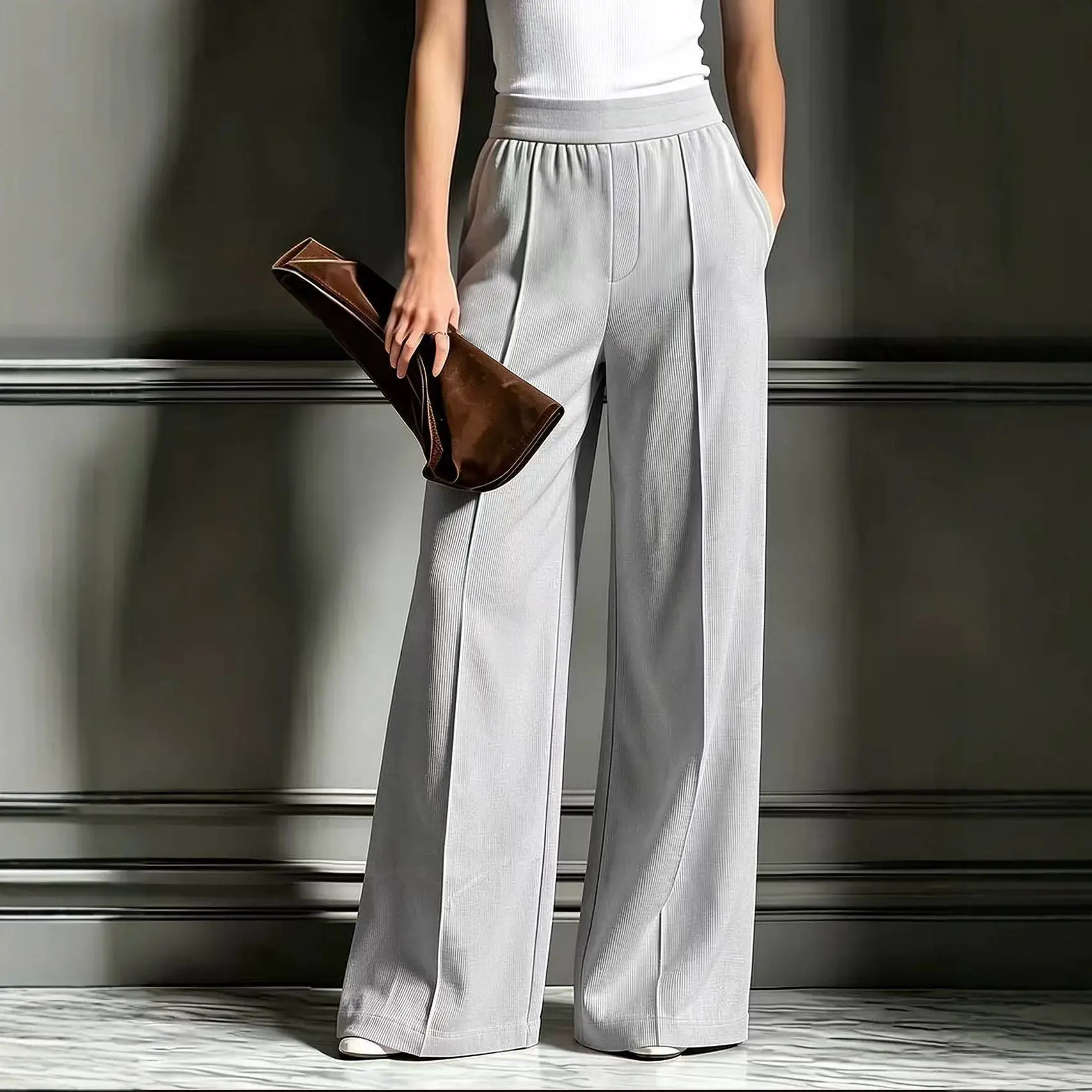 Sleek Ribbed Casual Versatile Wide-leg Pants