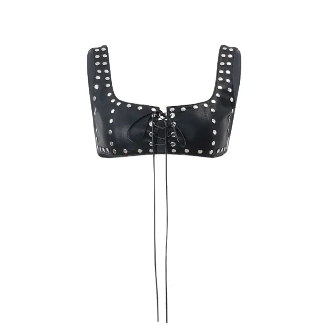 Women's Fall PU Leather Rivet Low Cut Lace up Backless Camisole Black - Shop at LoveMi