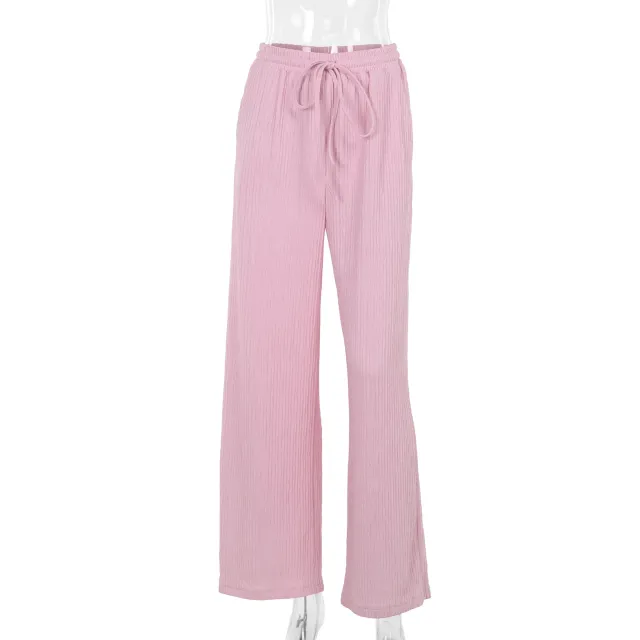 Simple Style Casual All matching Drawstring Lace up Small Wrinkle Trousers For Women Pink - Shop at LoveMi
