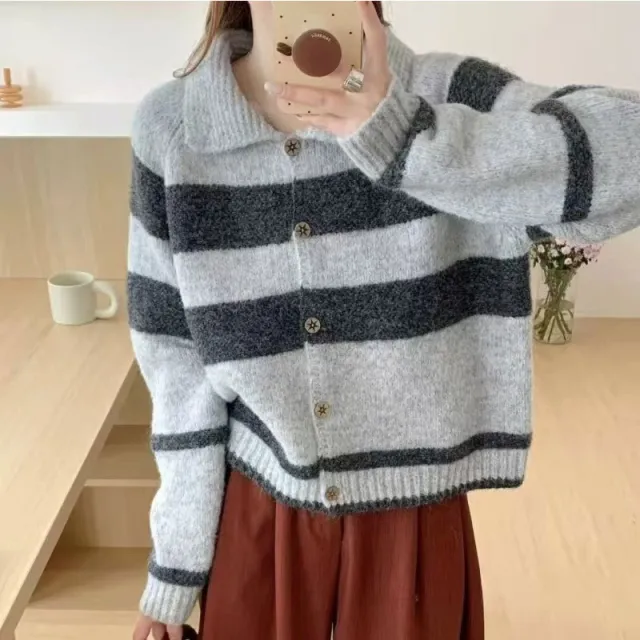 Women's Retro Contrast Color Striped Lapel Sweater Cardigan Coat Gray - Shop at LoveMi
