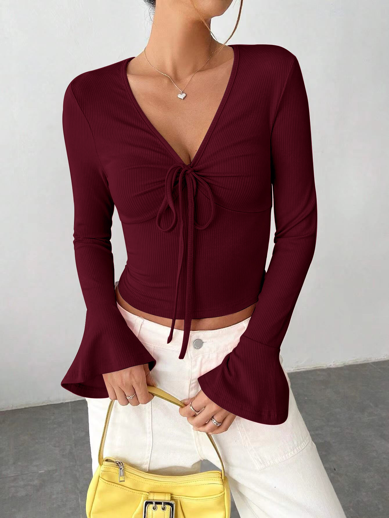 Womens Autumn City-style Blouse With A Notched Collar And Self-tie Cuffs